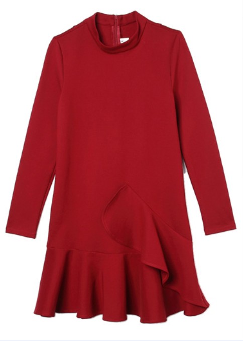 F2486-1 Red High Neck Ruffle Long Sleeve Flounce Hem Dress